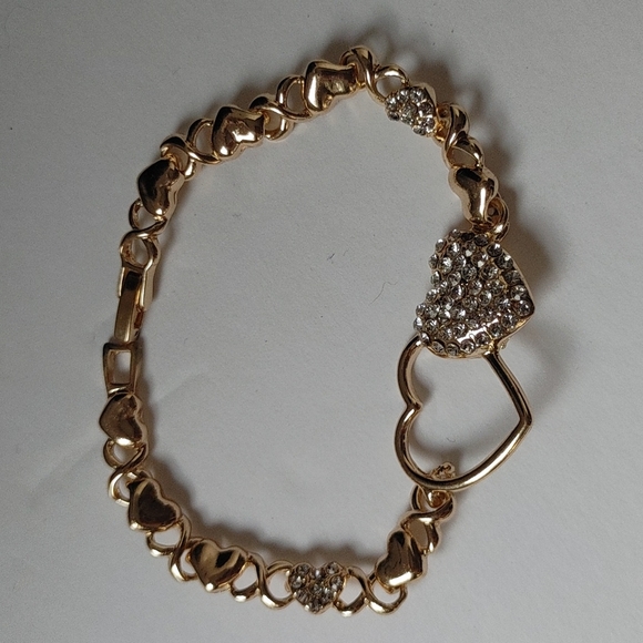 Heart Crystal Rhinestones Necklace Earrings Bracelet Ring Set Gold Filled - Picture 4 of 8